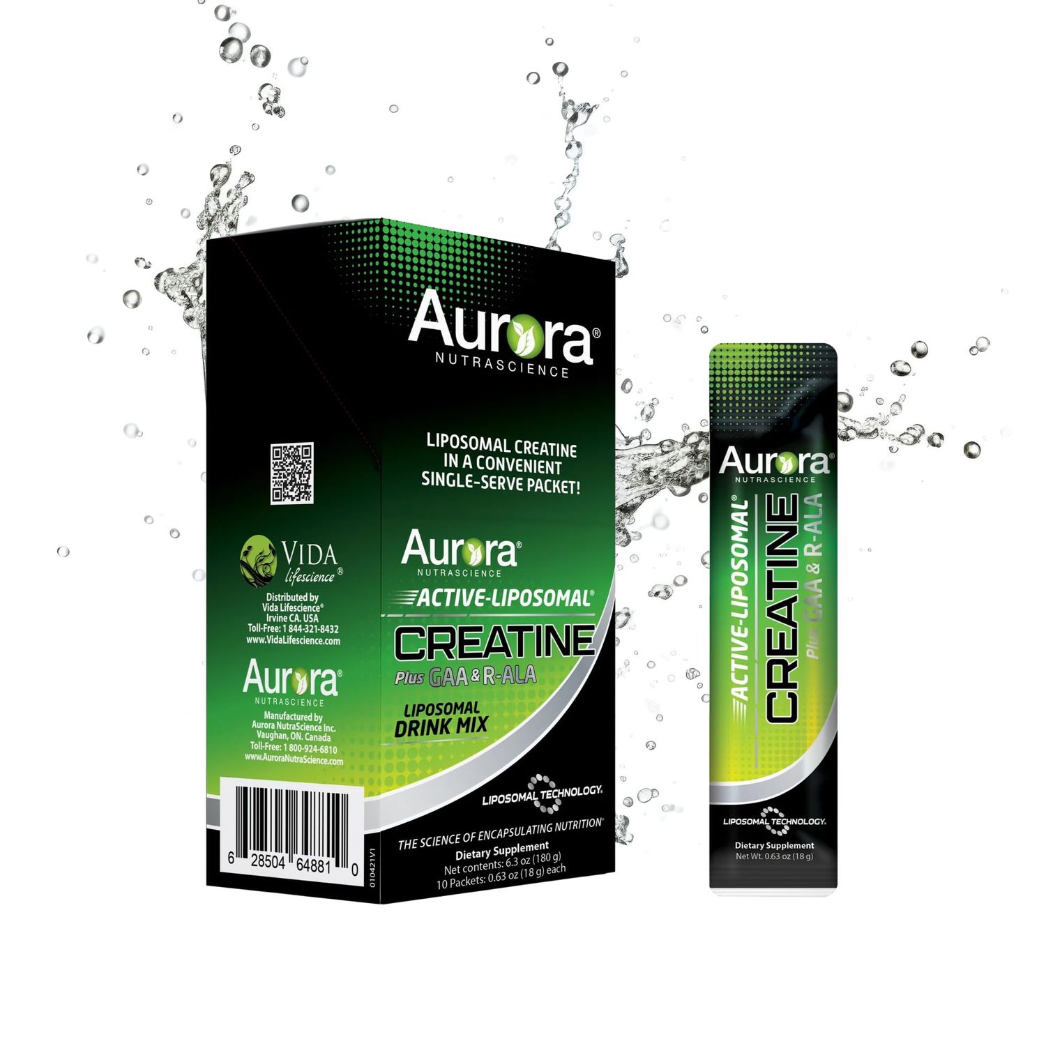 Aurora Nutrascience Liposomal Creatine GAA &amp; R-ALA Lemon Lime Powder Drink Mix, Increased Energy, Supports Exercise Performance &amp; Muscle Growth, 10 Packets