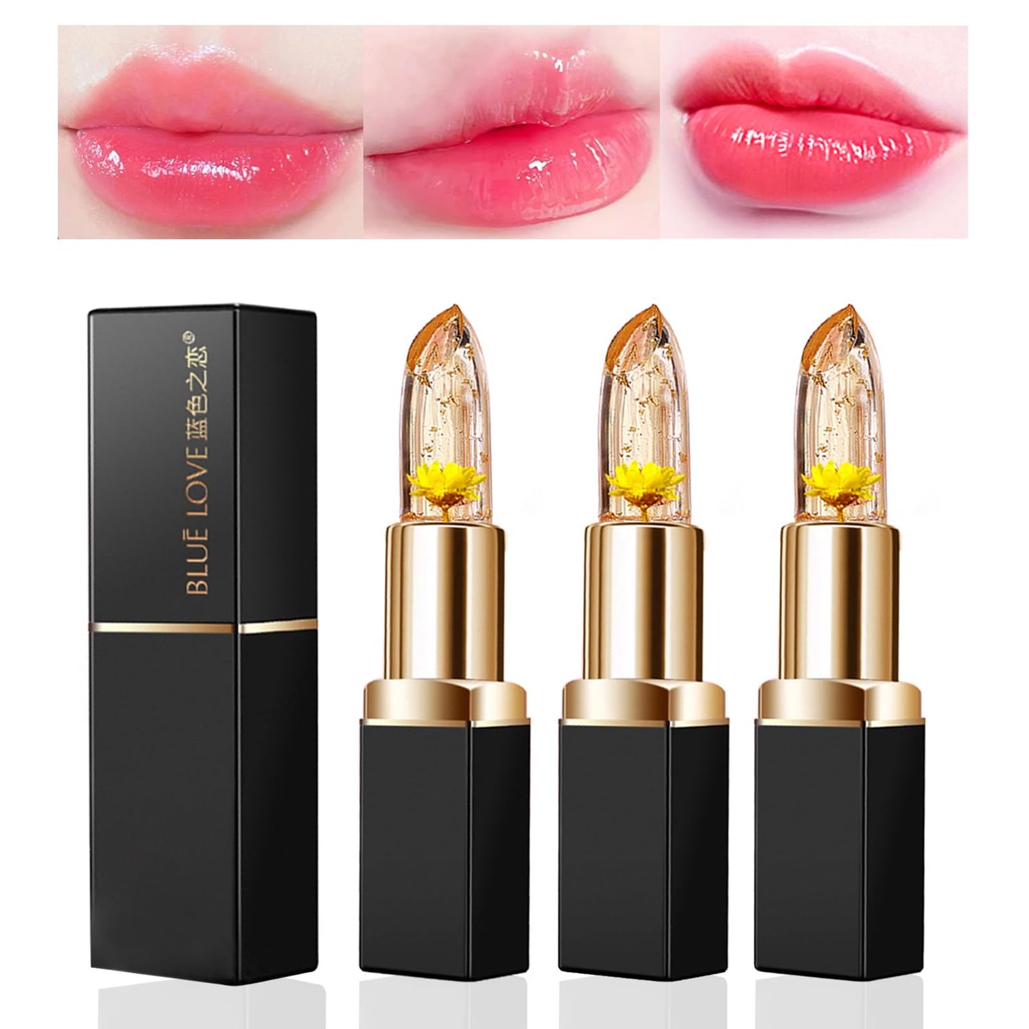 BLUE LOVE 3-Piece Color Changing Flower Jelly Lipstick Set - Nourishing Clear Lip Balm with Flower, Long-Lasting Moisturizing Lip Gloss (3Pc Gold)