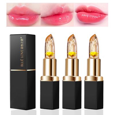 BLUE LOVE 3-Piece Color Changing Flower Jelly Lipstick Set - Nourishing Clear Lip Balm with Flower, Long-Lasting Moisturizing Lip Gloss (3Pc Gold)
