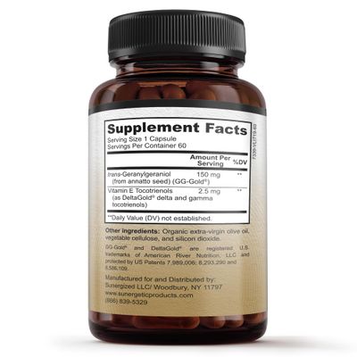 Sunergetic Premium Geranylgeraniol Supplement - GG-Gold 150mg with DeltaGold Vitamin E Tocotrienols- Annatto Derived GG for Statin Users, Heart Health &amp; CoQ10 Production - 60 Capsules