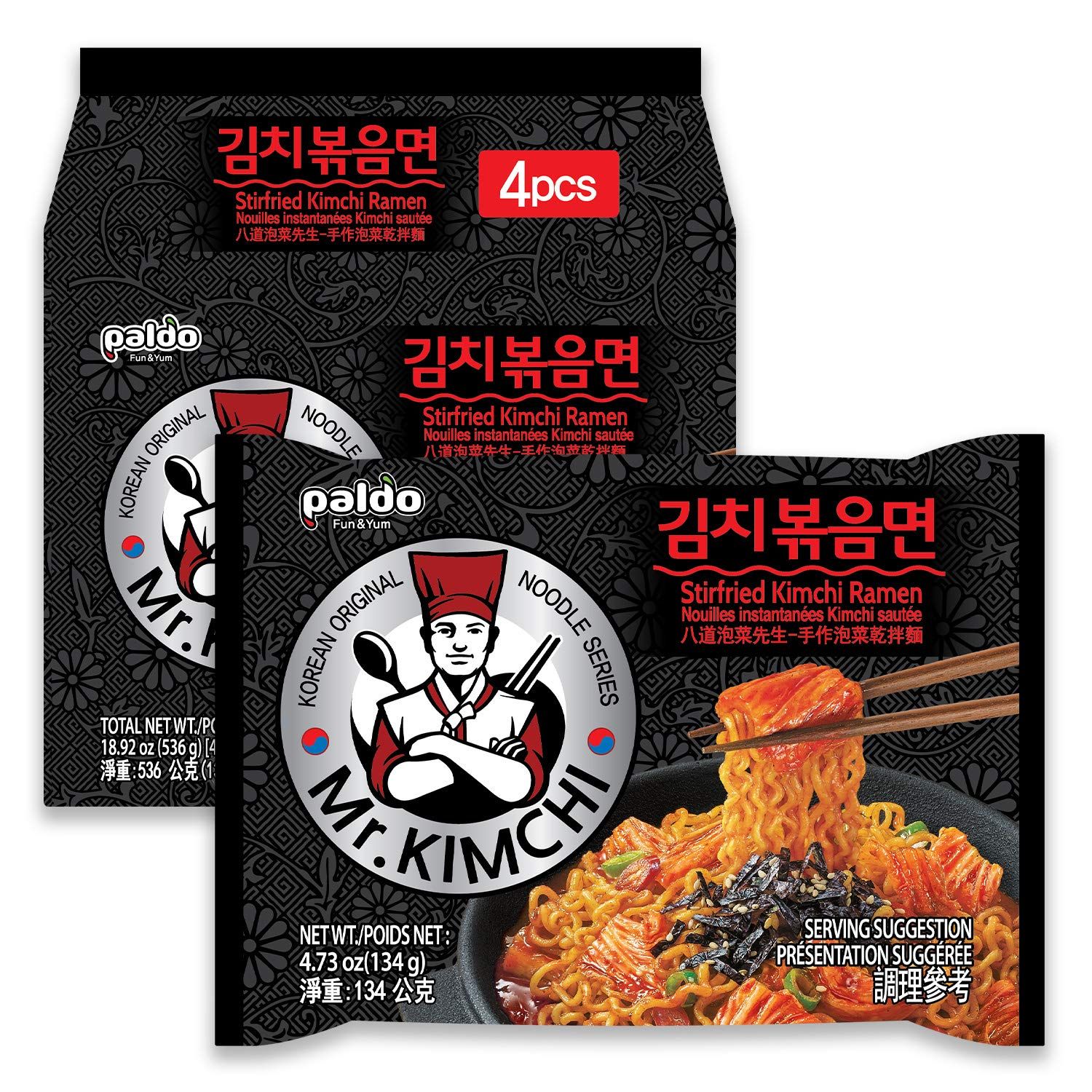 Paldo Fun &amp; Yum Mr. Kimchi Ramen Stir Fried Instant Noodles, Stir-fried Kimchi Flavored, Soupless Original Korean Ramyun, Spicy Ramen Challenge, 134g (4.72 oz) x 4 Pack