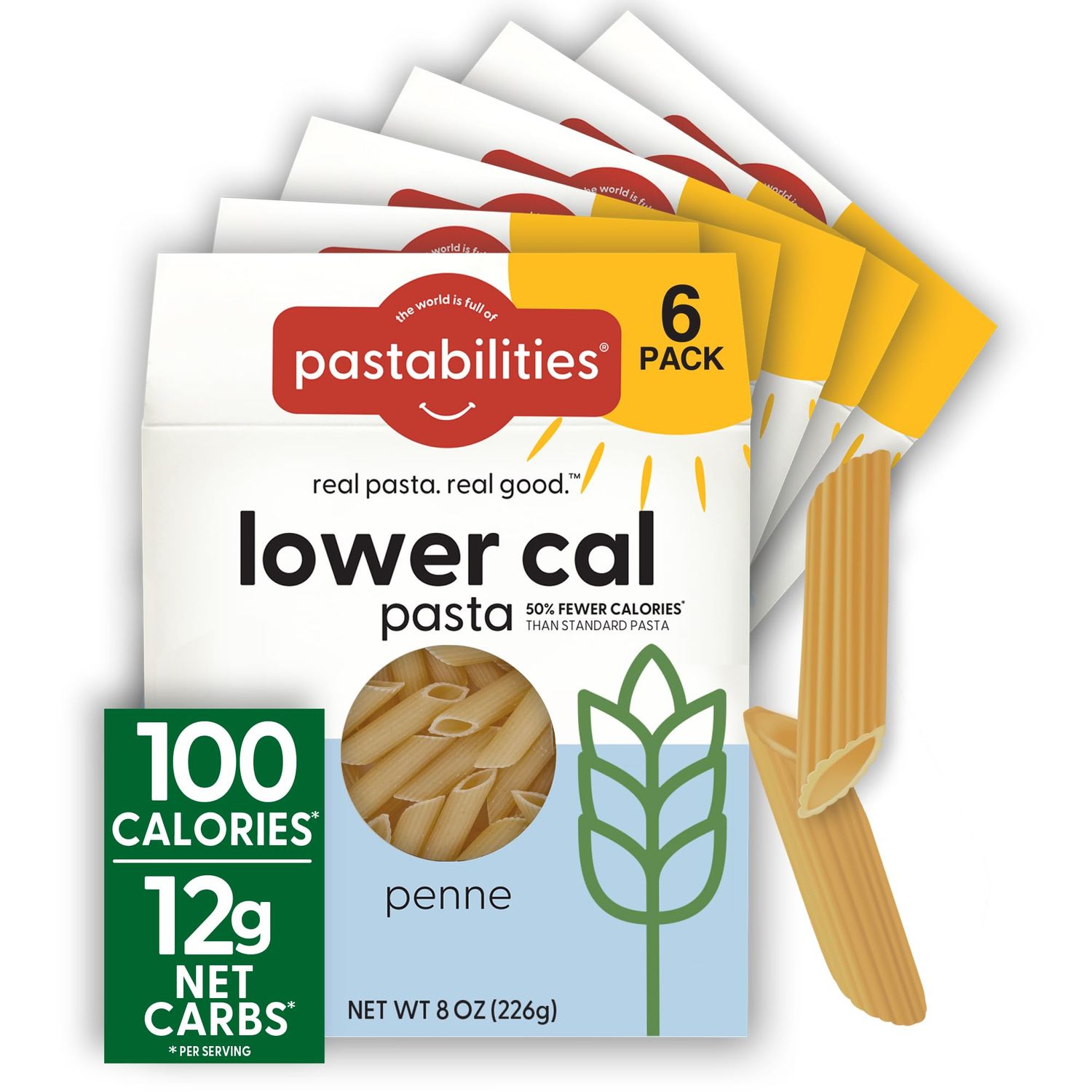 Pastabilities, Lower Calorie Pasta, Penne - 100 Calories/Serving Low Net Carbs, Low Calorie, Non-GMO, High Fiber, Vegan, Plant-Based, Enhanced Nutrients, Delicious Taste &amp; Texture (8 Ounce, 6 Pack)