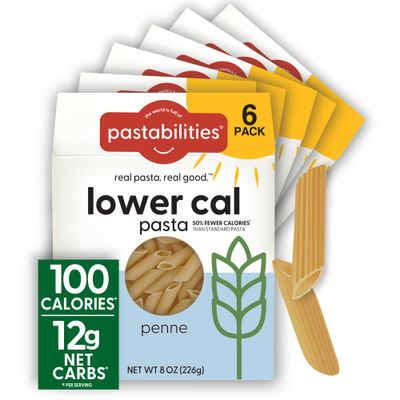 Pastabilities, Lower Calorie Pasta, Penne - 100 Calories/Serving Low Net Carbs, Low Calorie, Non-GMO, High Fiber, Vegan, Plant-Based, Enhanced Nutrients, Delicious Taste &amp; Texture (8 Ounce, 6 Pack)