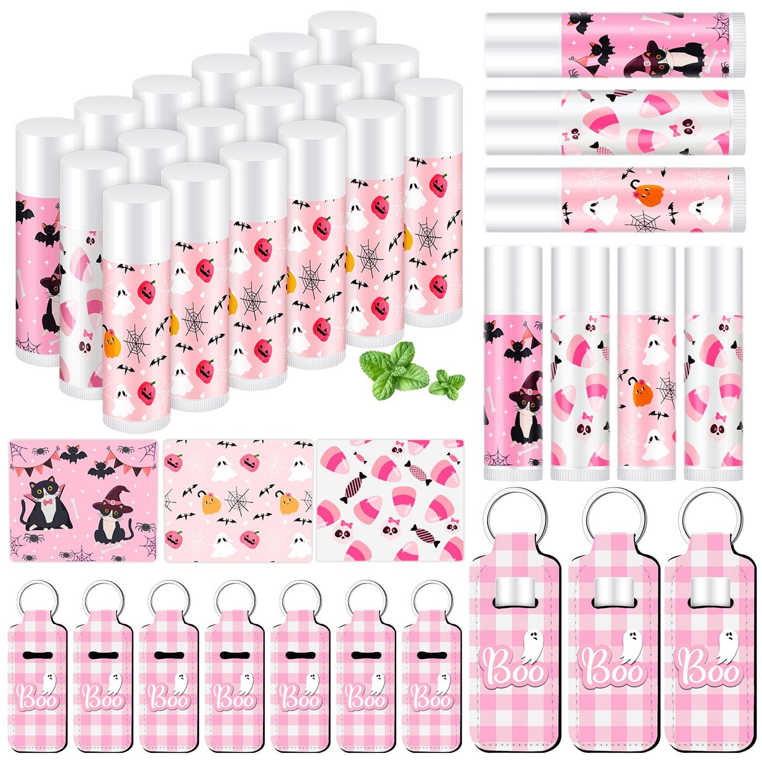 Swiffen 36 Pack Pink Summer Halloween Party Favors Lip Balm Holder Keychain Set Ghost Cat Skull Bat Lipstick Lip Moisturizers for Halloween Gifts Basket Stuffers, 3 Styles(Pink Style)
