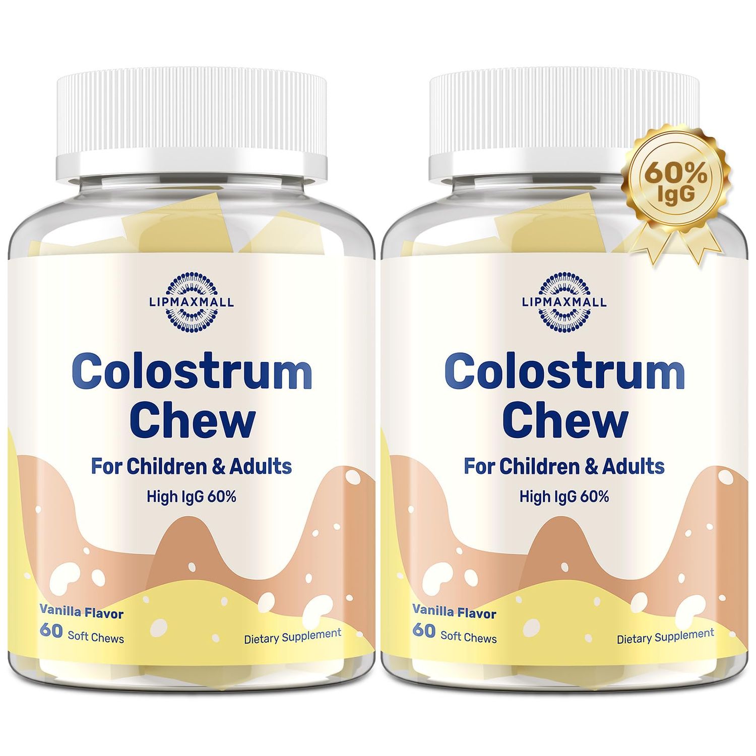 Bovine Colostrum Chews Supplement with 60 IgG for Humans Women Men Kids- for Immune, Gut, Bone, Joint, Cognitive, Overall Growth, from Grass-Fed Cows &amp; Vanilla Flavor, 60 Soft Chews (2 Bottles)