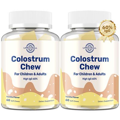 Bovine Colostrum Chews Supplement with 60 IgG for Humans Women Men Kids- for Immune, Gut, Bone, Joint, Cognitive, Overall Growth, from Grass-Fed Cows &amp; Vanilla Flavor, 60 Soft Chews (2 Bottles)