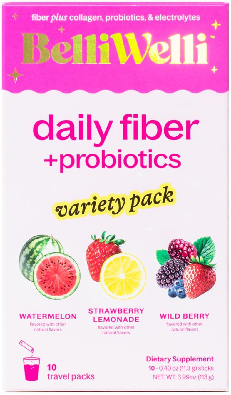 Belli Welli Daily Fiber Supplement Packets with Collagen, Probiotics &amp; Electrolytes | Single Serve Packets for Gut Health, Digestion &amp; Debloating | Variety | 10 Count
