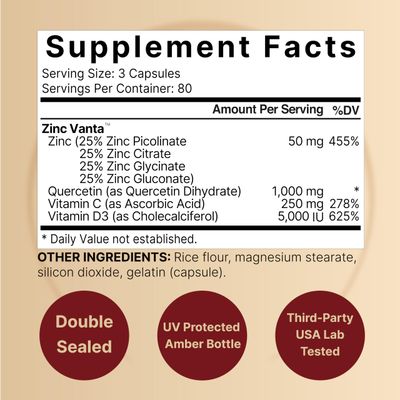 NatureBell Zinc Quercetin with Vitamin C &amp; D3, 480 Capsules (2 Pack) | Quercetin 1,000mg Zinc 50mg Vitamin C 250mg Vitamin D3 5,000 IU | 4-in-1 Advanced Immune &amp; Lung Support | ZincVanta Formula