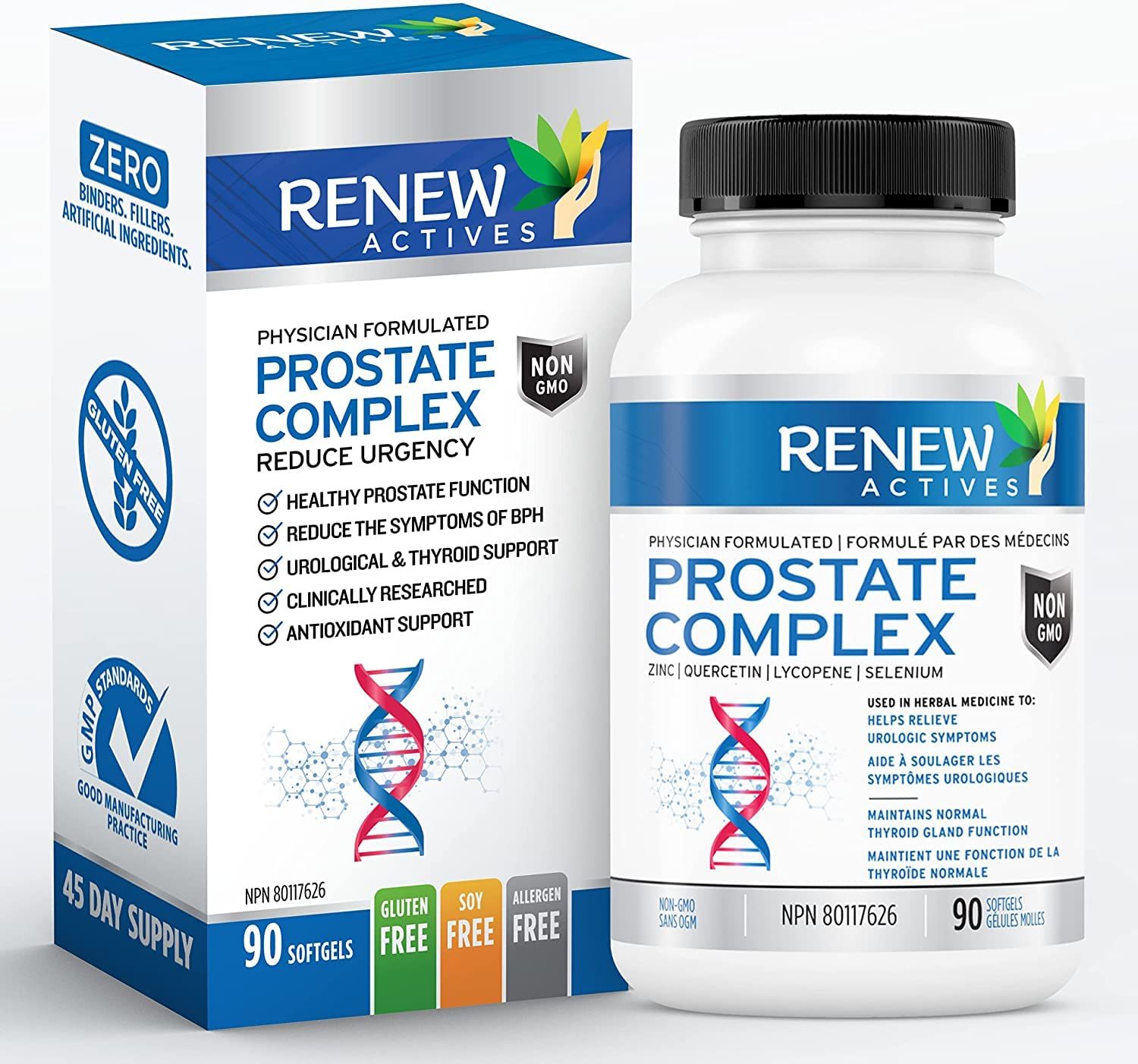 Renew Actives Prostate Complex 2 Softgels per Serving - Men&#39;s Wellness for Prostate, Thyroid, Immune &amp; Eye Health - Antioxidant Support for Vitality &amp; Performance - Made in Canada - 90 Softgels