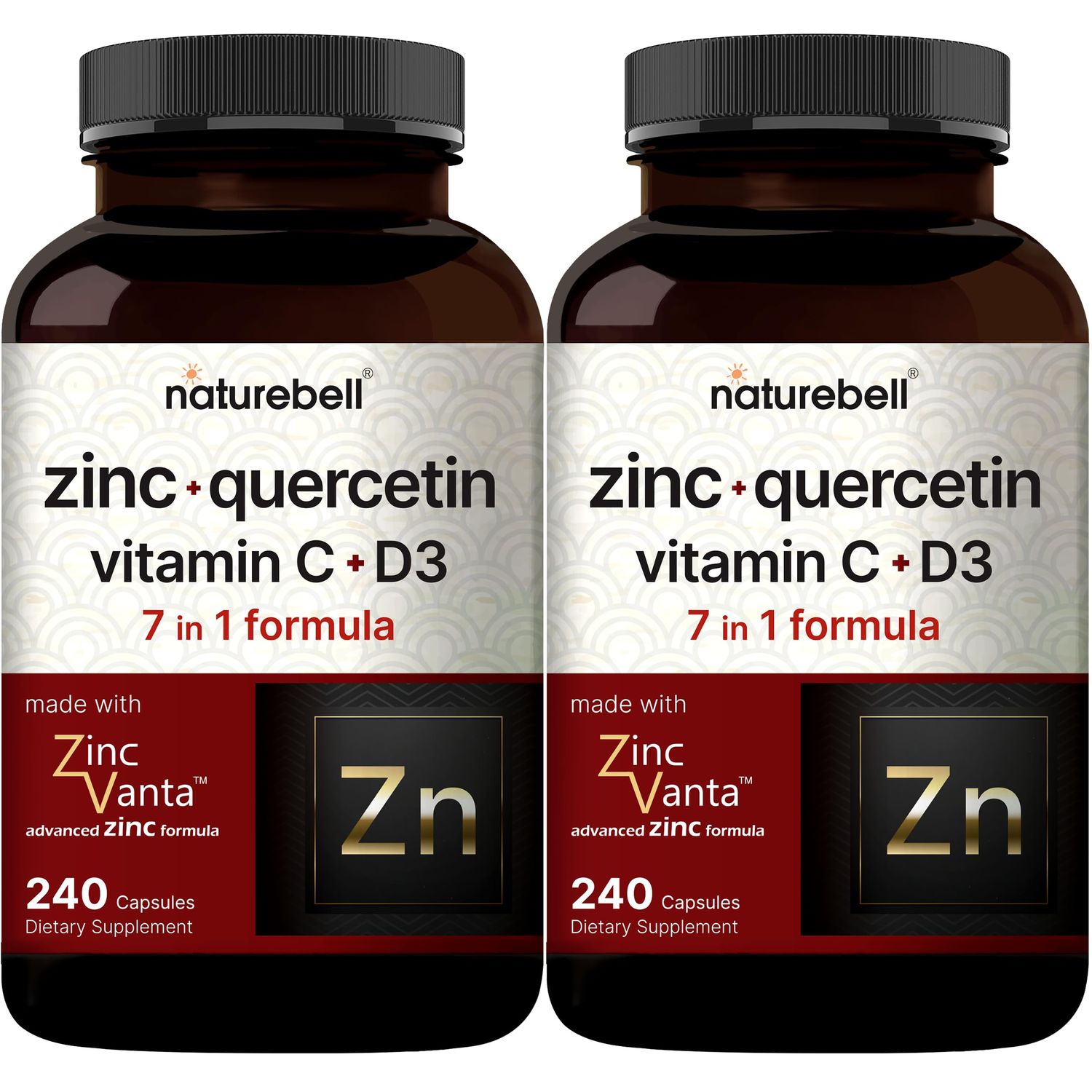 NatureBell Zinc Quercetin with Vitamin C &amp; D3, 480 Capsules (2 Pack) | Quercetin 1,000mg Zinc 50mg Vitamin C 250mg Vitamin D3 5,000 IU | 4-in-1 Advanced Immune &amp; Lung Support | ZincVanta Formula