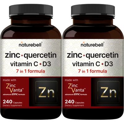 NatureBell Zinc Quercetin with Vitamin C &amp; D3, 480 Capsules (2 Pack) | Quercetin 1,000mg Zinc 50mg Vitamin C 250mg Vitamin D3 5,000 IU | 4-in-1 Advanced Immune &amp; Lung Support | ZincVanta Formula