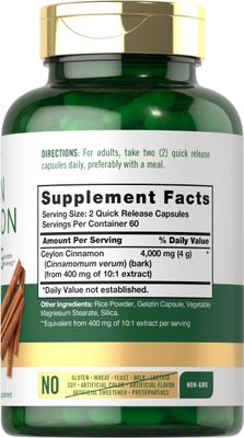 Carlyle Ceylon Cinnamon Capsules 4000 mg | 120 Count | Non-GMO &amp; Gluten Free Supplement