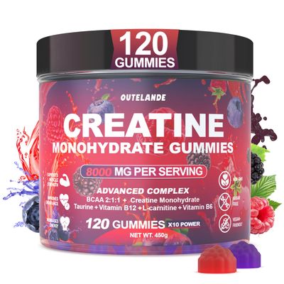 Creatine Monohydrate Gummies 8000 mg for Men &amp; Women, Raspberry BlackBerry Blueberry Flavor, Energy Boost, Creatine Supplement for Enhanced Muscle Growth, Sugar Free, Vegan, -120 Count