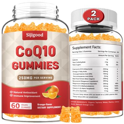 2 Pack CoQ10 - Gummies, Coenzyme Q10(Ubiquinone) Gummies with Omega-3, Vitamin E B12, Magnesium, Zinc, q10 Supplement for Energy, Brain &amp; Antioxidant Support, Sugar-Free Orange Flavor, 120 Gummies