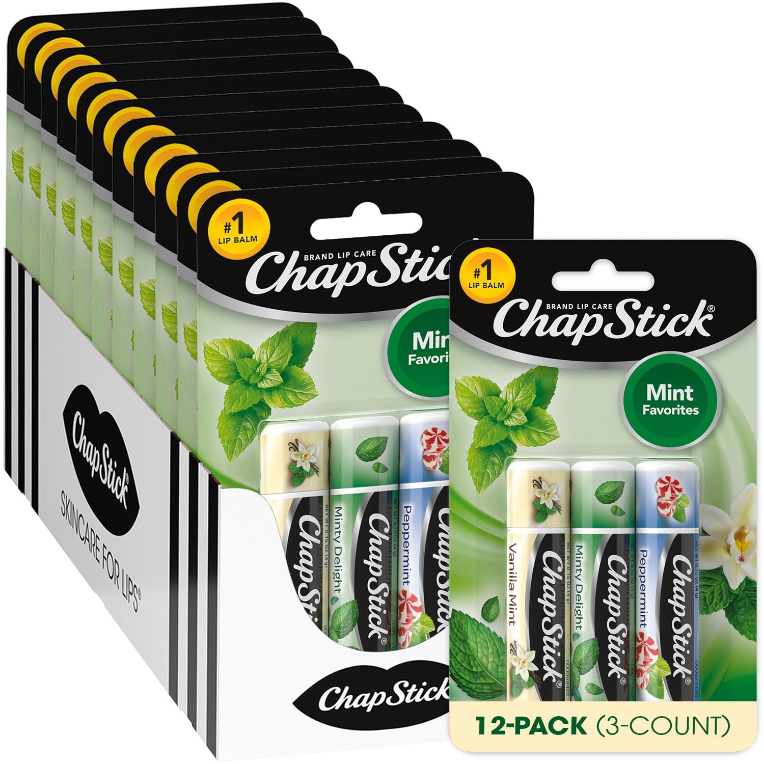 ChapStick Bulk Lip Balm, Mint Favorites, 3-Packs (12 Sets/36 Tubes) - Fresh &amp; Invigorating Lip Care, Birthday Gifts, Party Favors, Stocking Stuffers, 0.15 Oz Ea