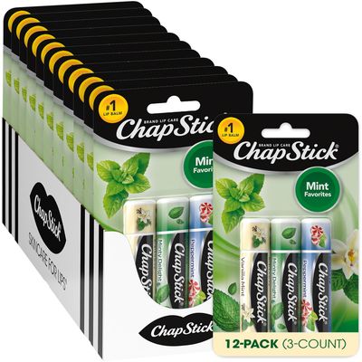 ChapStick Bulk Lip Balm, Mint Favorites, 3-Packs (12 Sets/36 Tubes) - Fresh &amp; Invigorating Lip Care, Birthday Gifts, Party Favors, Stocking Stuffers, 0.15 Oz Ea