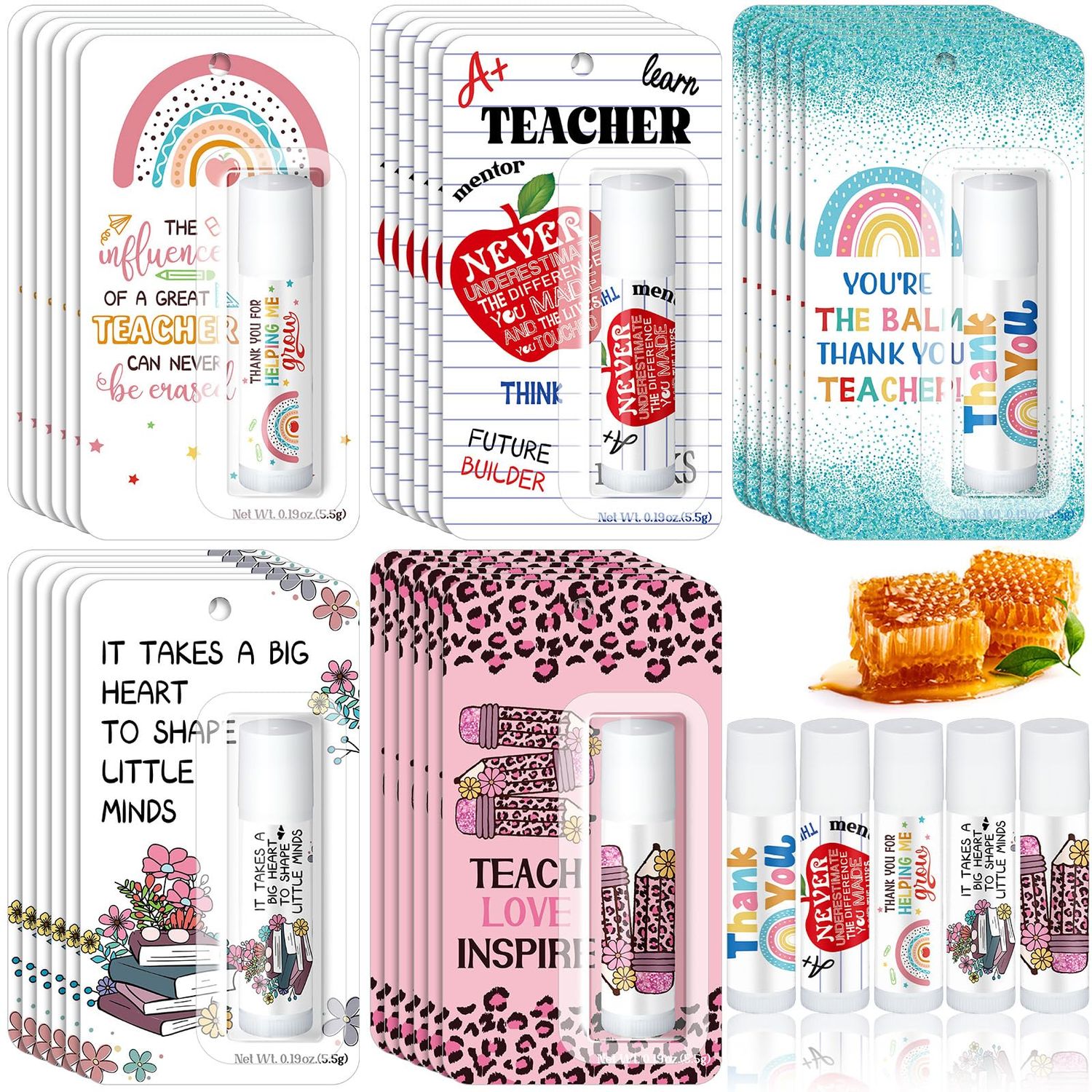 Sacubee 5 Pack Back to School Teacher Appreciation Gifts Bulk Lip Balms Teacher Employee Coworkers Team Thank You Gift Back to School Honey Flavor Balm Inspirational Motivational Summer Party Favors