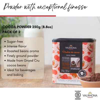 Valrhona Dark French Cocoa Powder. Chefs Choice Cocoa Powder. Warm, Red Color, Pure, Dark, Intense Flavor. Poudre de Cacao. Great for Desserts and Hot Chocolate. Kosher. 250g (Pack of 2)