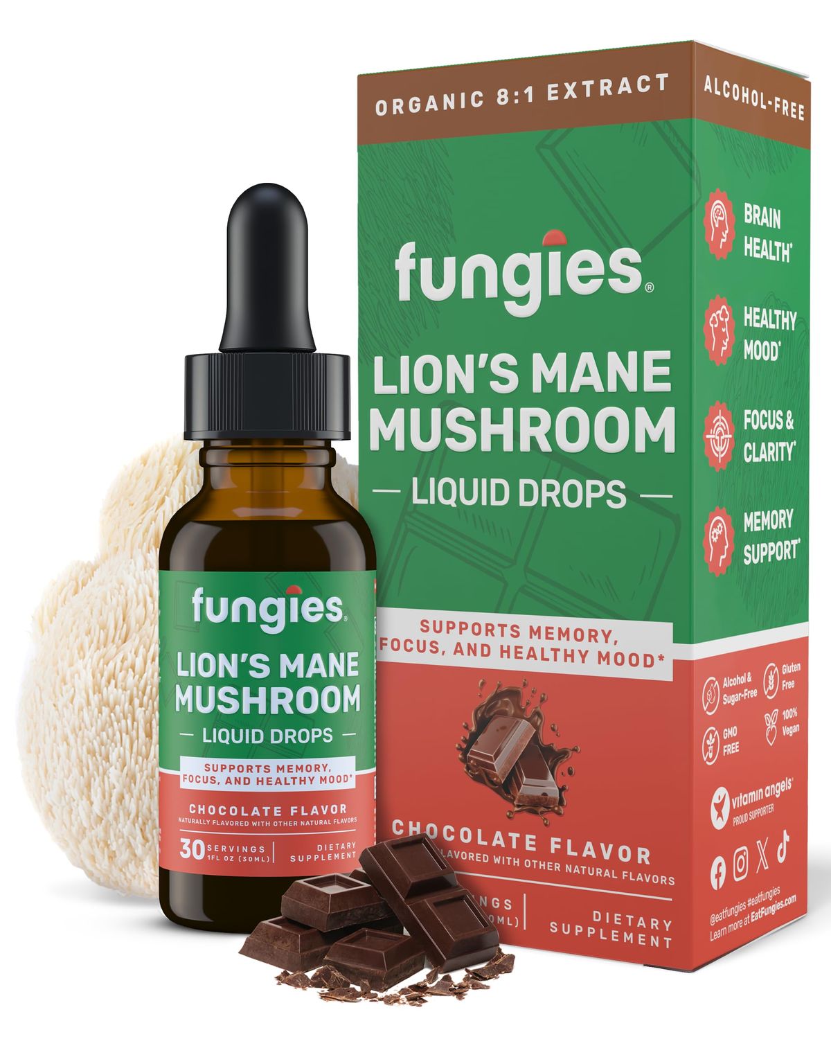 Fungies Lion&#39;s Mane Mushroom Liquid Drops, Chocolate - Tincture with Lions Mane Extract Supports Brain Fog, Focus, Memory &amp; Healthy Mood - Mushroom Complex Supplement for Adults - 30 Servings