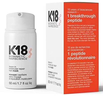K18 Full-Size Leave-In Molecular Hair Mask, Repairs Dry or Damaged Hair, Reverse Hair Damage from Bleach, Color, Chemical Services &amp; Heat