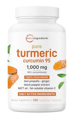 Micro Ingredients Turmeric Curcumin Supplement 1,000mg, 120 Veggie Capsules | 95 Curcuminoids with Bee Propolis, MCT Oil, Vitamin C &amp; Black Pepper | Enhanced Absorption | Vegan, Non-GMO, Filler Free
