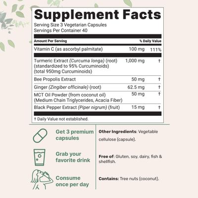 Micro Ingredients Turmeric Curcumin Supplement 1,000mg, 120 Veggie Capsules | 95 Curcuminoids with Bee Propolis, MCT Oil, Vitamin C & Black Pepper | Enhanced Absorption | Vegan, Non-GMO, Filler Free