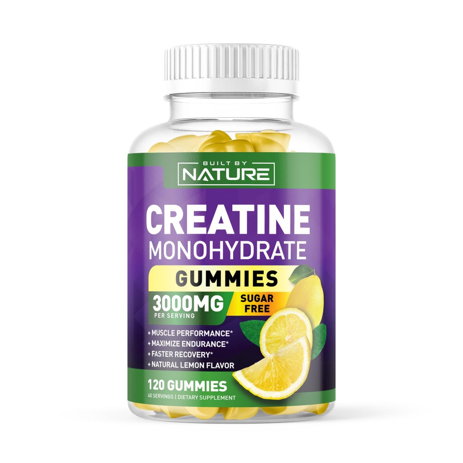 Built by Nature Sugar Free Creatine Monohydrate Gummy for Men and Women - Muscle Strength &amp; Energy Boost Pre Workout - Natural Lemon Flavor - 120 Gummies