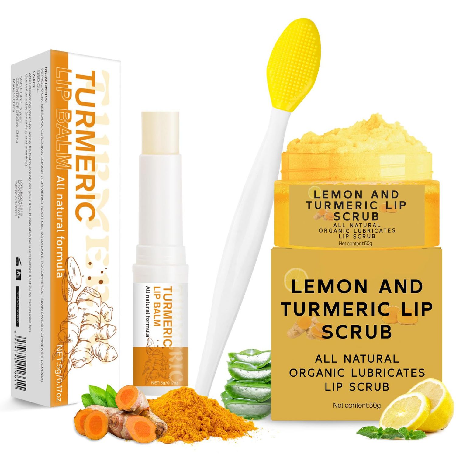 3PCS Turmeric Lemon Lip scrub and Turmeric Lip Balm with Brush Set, Lip Scrubber Exfoliator, Dark Lips Treatment for Smokers, Natural Exfoliator &amp; Moisturizer Cracked, Dull, Reduce Fine Lines Lips