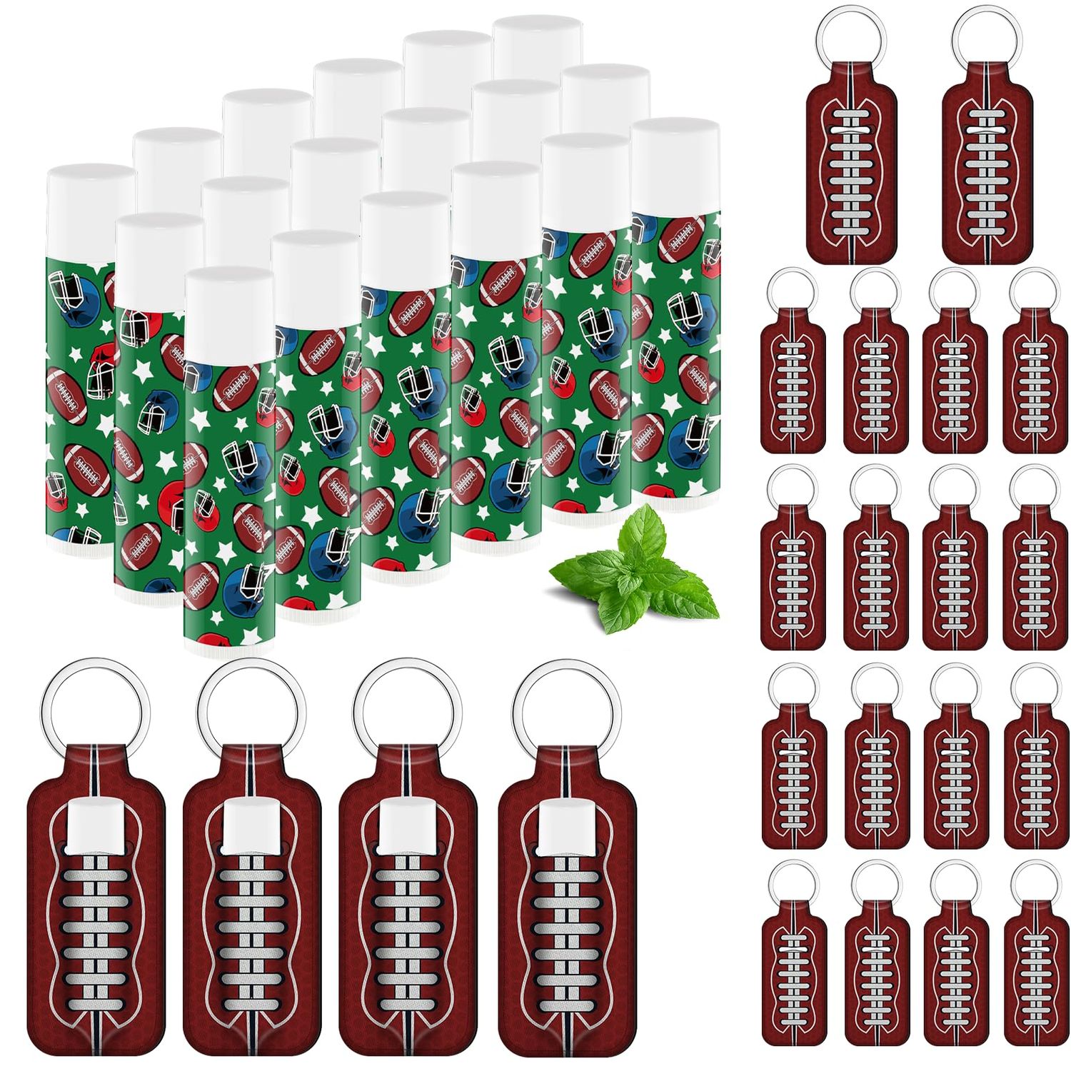 18 Sets Football Lip Balm Bulk and Moisturizing Lipstick Holder Keychains Set Sports Gift for Team Teen Adults football Birthday Party Game Decorations Football Party Supplies