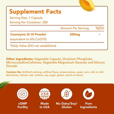 Coenzyme Q10 200mg CoQ10 Supplement -Once Daily CoQ10 200mg Powder Capsules for Heart Health, Antioxidant &amp; Energy Support -Non-GMO, Quick Absorption Ubiquinone Q10 Coenzyme (Single)