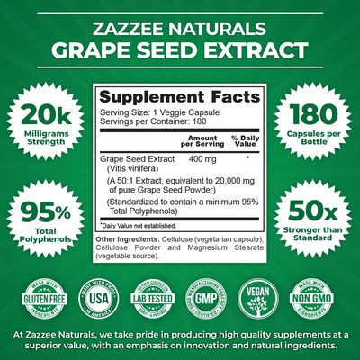 Zazzee High Strength Grape Seed 50:1 Extract, 180 Vegan Capsules, 95 Polyphenols, 400 mg per Capsule, 6 Month Supply, Standardized and Concentrated 50X Extract, Non-GMO, Made in The USA