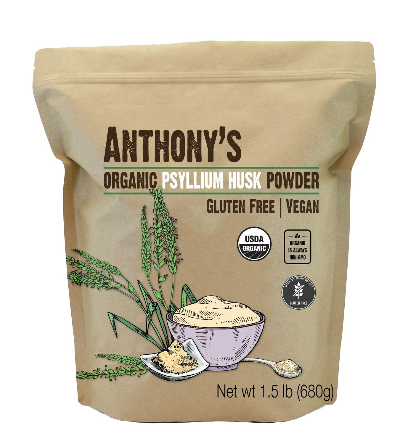 Anthony&#39;s Organic Psyllium Husk Powder, 1.5 lb, Gluten Free, Non GMO, Finely Ground, Keto Friendly