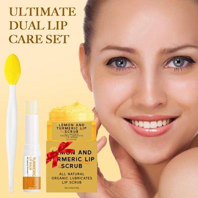 3PCS Turmeric Lemon Lip scrub and Turmeric Lip Balm with Brush Set, Lip Scrubber Exfoliator, Dark Lips Treatment for Smokers, Natural Exfoliator &amp; Moisturizer Cracked, Dull, Reduce Fine Lines Lips