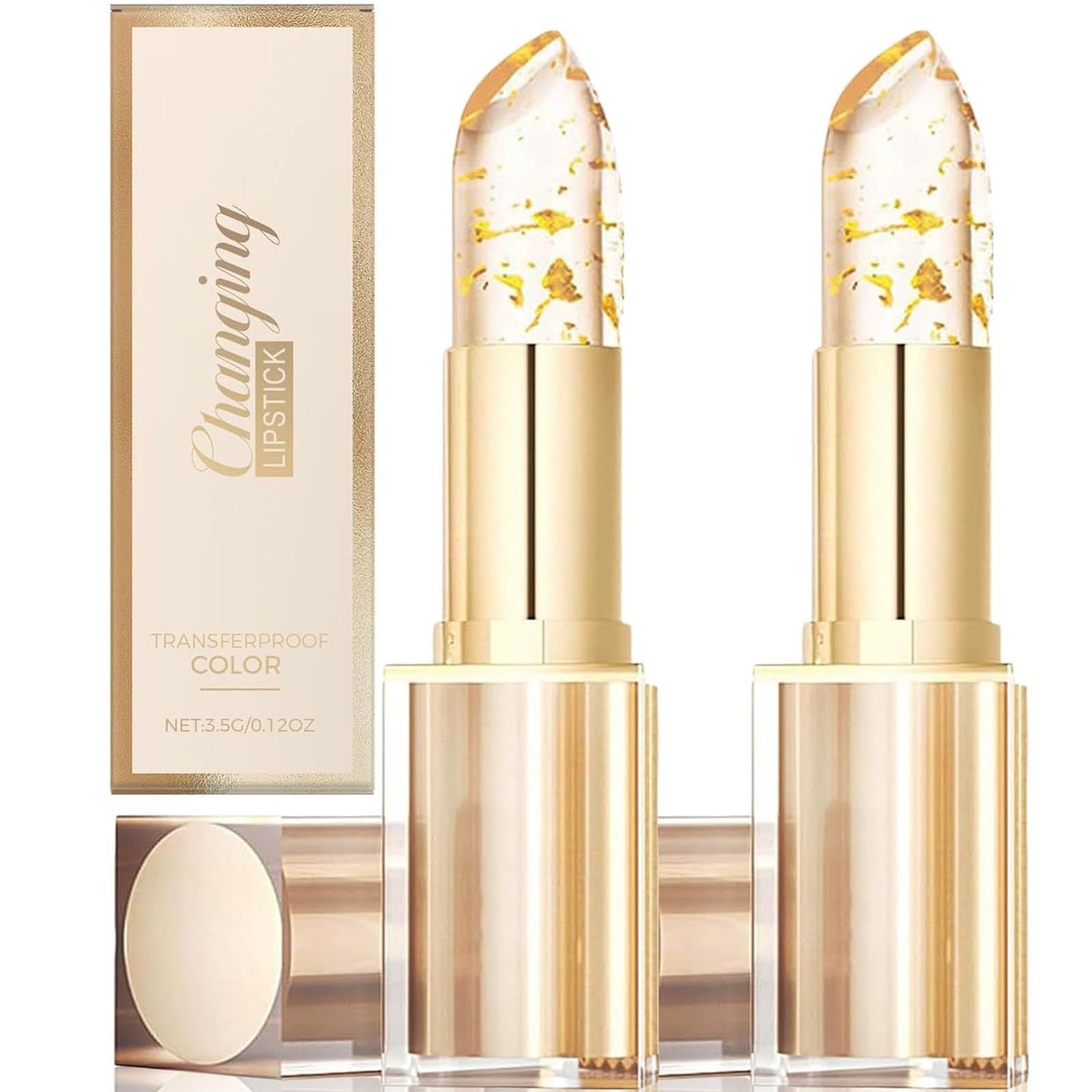 2Pcs Transferproof Color Changing Lipstick,Gold Crystal Color Changing Lipstick,Long Lasting 24 Hours Moisturizing Glossy Shine Lip Gloss for Women