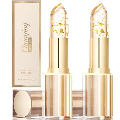 2Pcs Transferproof Color Changing Lipstick,Gold Crystal Color Changing Lipstick,Long Lasting 24 Hours Moisturizing Glossy Shine Lip Gloss for Women