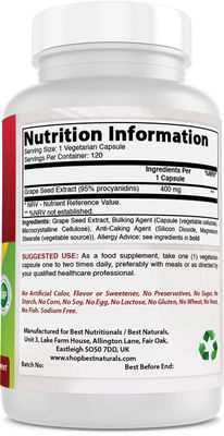 Best Naturals Grape Seed Extract 400 mg Veggie Capsule, 120 Count