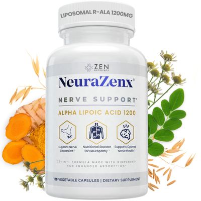Zen Nutrients NeuraZenX Nerve Support &amp; Peripheral Neuropathy Support Supplement with 1200mg Alpha Lipoic Acid (ALA), Benfotiamine, L-Carnitine, and Turmeric