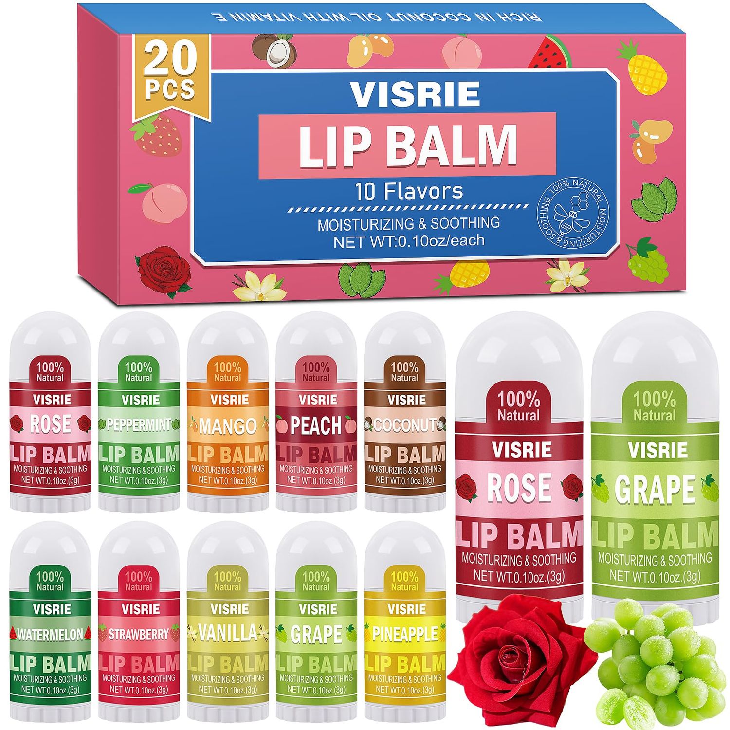 VISRIE Mini Lip Balm 20 Pack, Natural Lip Balms Bulk with Vitamin E and Coconut Oil, Moisturizing Lip Balm for Dry Cracked lips - 10 Flavors