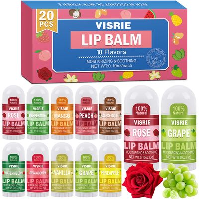 VISRIE Mini Lip Balm 20 Pack, Natural Lip Balms Bulk with Vitamin E and Coconut Oil, Moisturizing Lip Balm for Dry Cracked lips - 10 Flavors