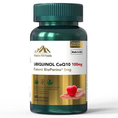 Mission Hill Foods Premium Ubiquinol CoQ10 BioPerine (100mg) | Antioxidant for Heart Health (1 Bottle-60 Softgels-2mo Supply) | High Absorption Heart &amp; Vascular Vitamins | Non-GMO &amp; Gluten Free