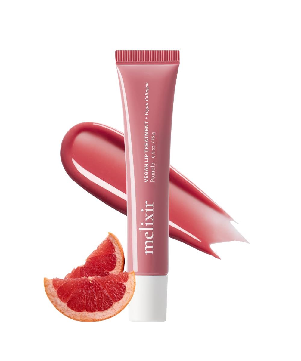 Melixir Vegan Lip Treatment, Sheer Tinted Lip Balm for Instant Hydration &amp; Shine, Moisturizing Lip Gloss, Infused with Vegan Collagen &amp; Jojoba Oil, Cruelty-Free, Korean Skincare-3 Pomelo(0.5oz)