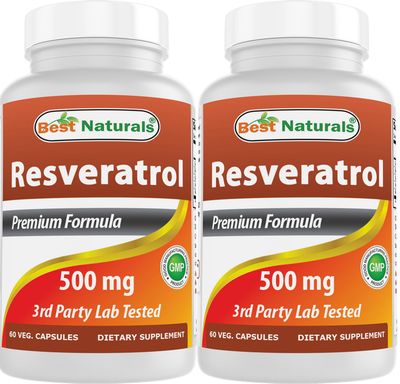 Best Naturals 2 Packs Resveratrol Complex 500 mg 60 Veg Capsules Made with Grape Skin, Red Wine, Quercetin - Gluten Free &amp; Non GMO - (Total 120 Capsules)