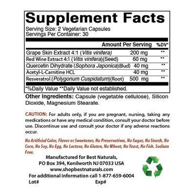 Best Naturals 2 Packs Resveratrol Complex 500 mg 60 Veg Capsules Made with Grape Skin, Red Wine, Quercetin - Gluten Free &amp; Non GMO - (Total 120 Capsules)