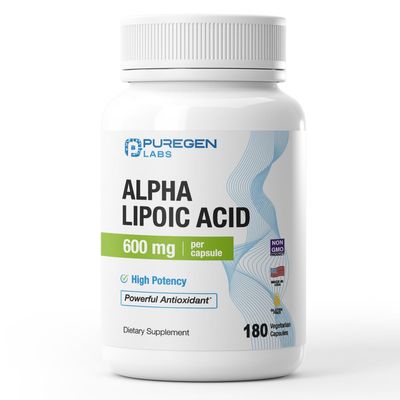 Puregen Labs Alpha Lipoic Acid 600mg High Potency 180 Servings - Antioxidant Support | No Harmful Additives | Non-GMO, NO Gluten and Dairy, 600 mg per Veggie Capsule - Made in USA