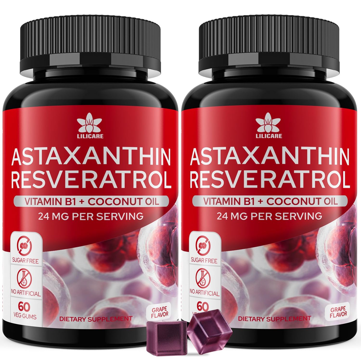 Sugar-Free Astaxanthin 24mg Gummies with Resveratrol, Vitamin B1, Coconut Oil - Powerful Antioxidants Supplement for Men &amp; Women Healthy Aging, Skin, Eyes, Joints, Immune - Vegan, Non-GMO 120 Servings