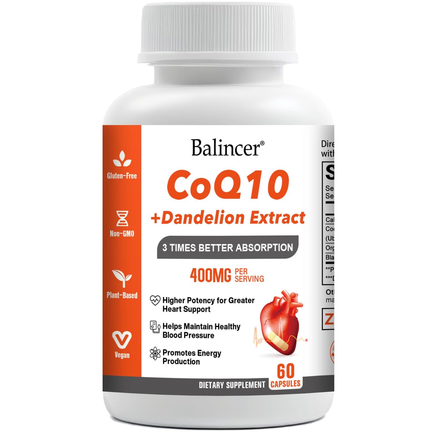 Balincer CoQ10 400mg 3 Times Absorption Coenzyme Q10 Powerful-Antioxidant Supplement with Organic Dandelion Root &amp; Black Pepper, Support Heart Health &amp; Energy Production, 60 Veggie Capsules