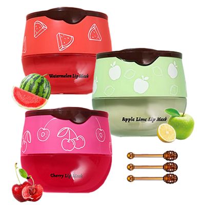 Aaiffey Lip Balm Honey Pot,Watermelon Apple Lime Cherry Lip Sleeping Mask Moisturizing Lip Mask Overnight Hydrating Prevention Dry and Cracked Lip Scrubs Exfoliator Lip Wrinkle Care 3 pcs