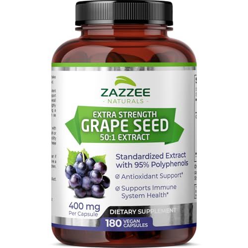 Zazzee High Strength Grape Seed 50:1 Extract, 180 Vegan Capsules, 95 Polyphenols, 400 mg per Capsule, 6 Month Supply, Standardized and Concentrated 50X Extract, Non-GMO, Made in The USA