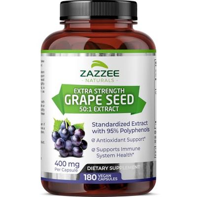 Zazzee High Strength Grape Seed 50:1 Extract, 180 Vegan Capsules, 95 Polyphenols, 400 mg per Capsule, 6 Month Supply, Standardized and Concentrated 50X Extract, Non-GMO, Made in The USA