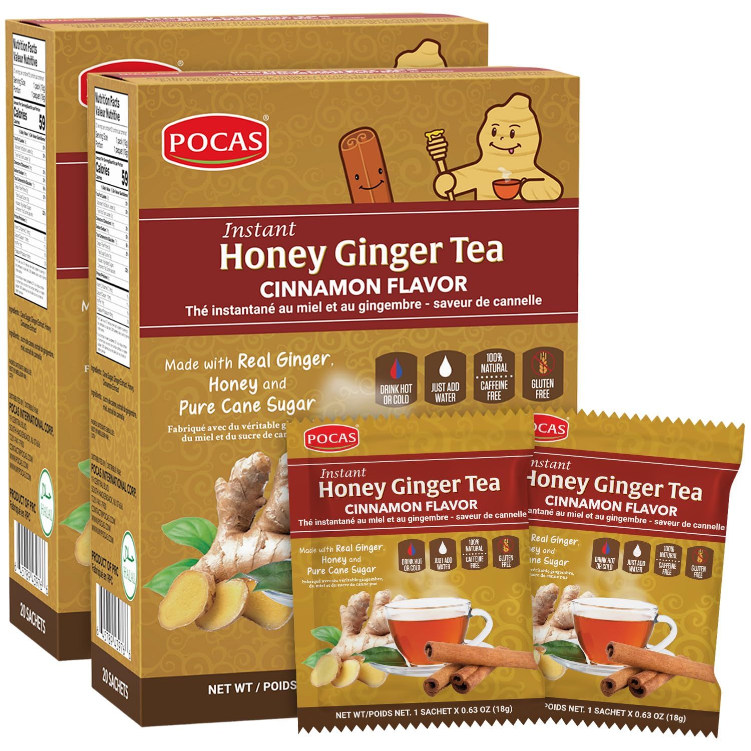 Pocas Tea Powder, Honey Ginger with Cinnamon, 20 Count (Pack of 2), Non-GMO, Gluten Free, Caffeine Free, Instant Tea Packets